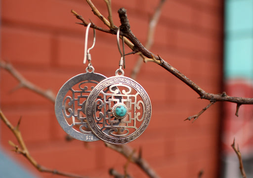 Tibetan Mandala Inlaid Turquoise Silver Sterling Earrings - nepacrafts