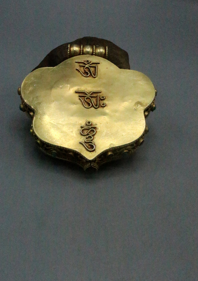 Masterpiece Hand Carved Gold Plated Chenrezig Ghau Pendant with Inlaid Turquoise and Ruby
