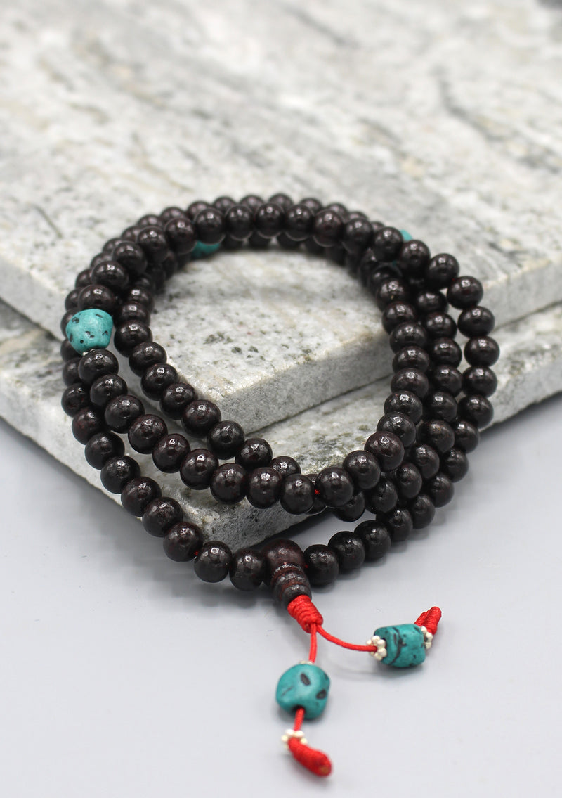 Black Rosewood Tibetan Prayer Mala with Turquoise Counter - nepacrafts