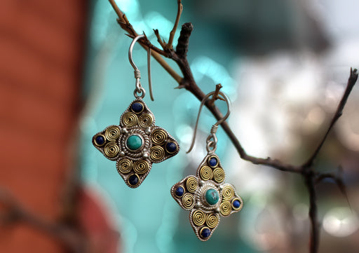Tibetan Double Dorjee Silver Earrings Inlaid Turquoise and Lapis - nepacrafts