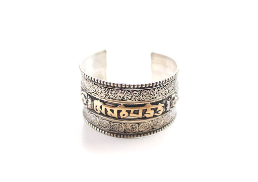 White Metal Om Mani Carved Cuff Bracelet for Meditation and Yoga - nepacrafts