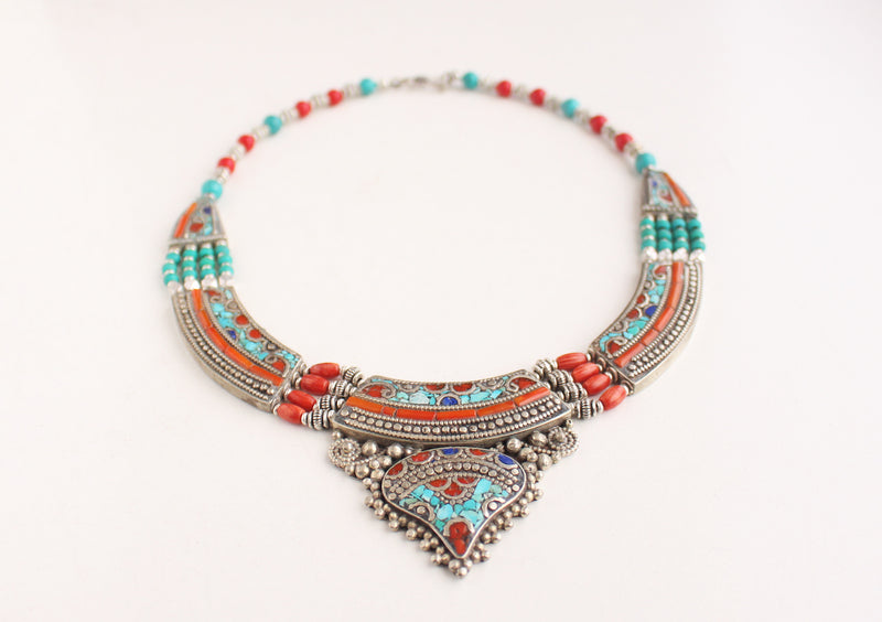 Inlaid Tibetan White Metal Necklace - nepacrafts