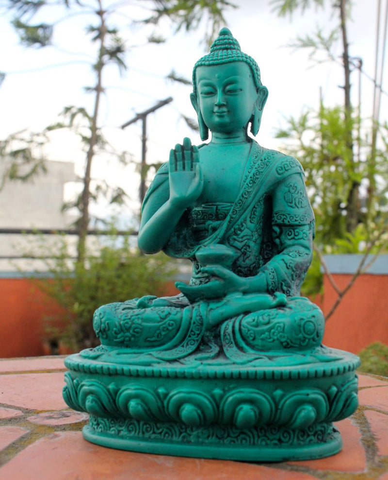 Floral Motifs Carved Green Amoghasiddhi Buddha Resin Statue 7 inch High - nepacrafts