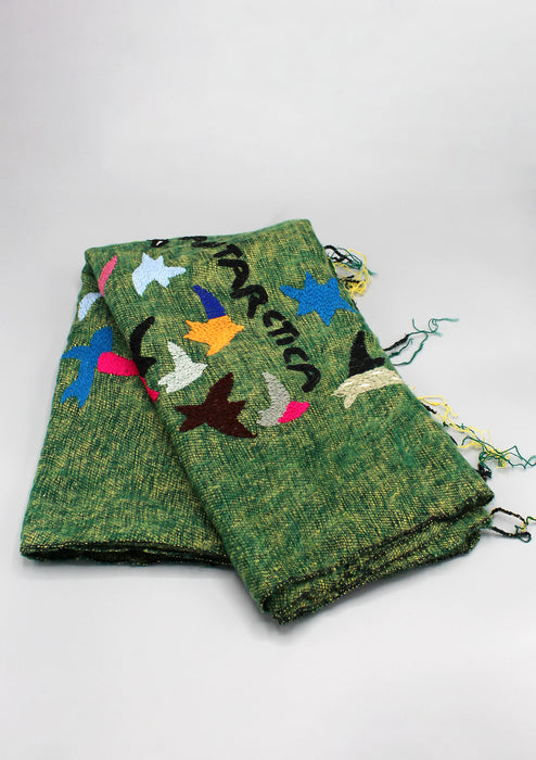 Green Arctic Antartica Circle Yak Wool Shawl with Arctic Birds Embroidery