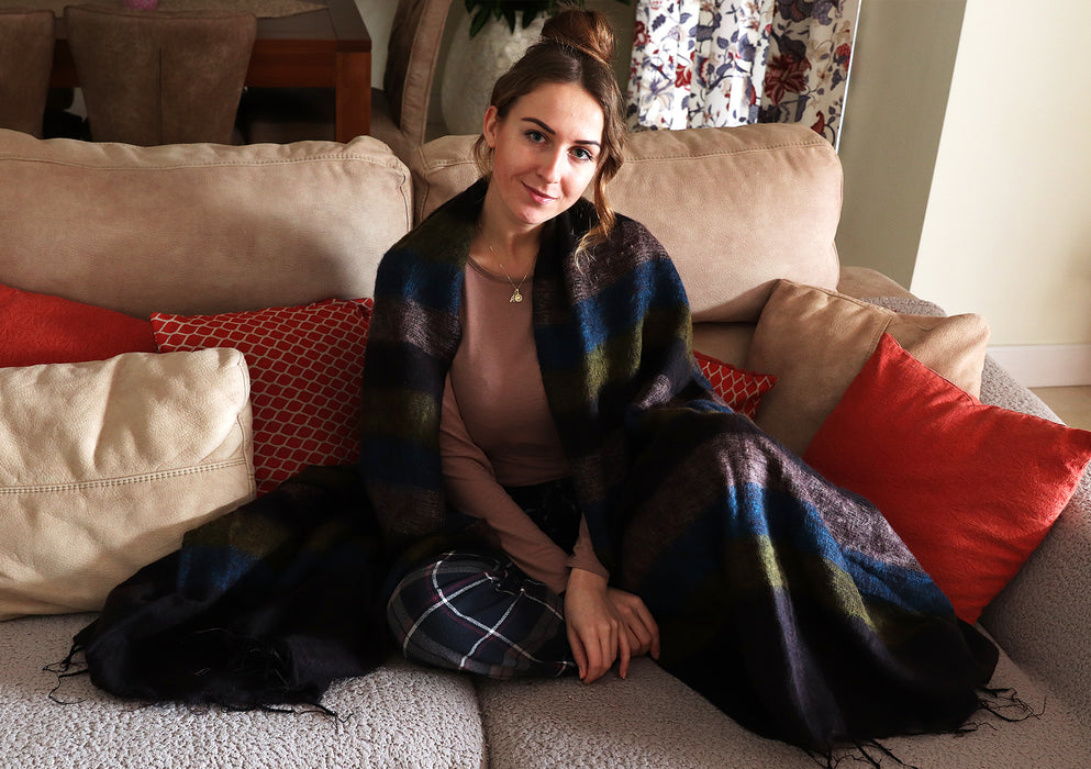 Brown Blue Stripe Yak Wool Meditation and Yoga Blanket