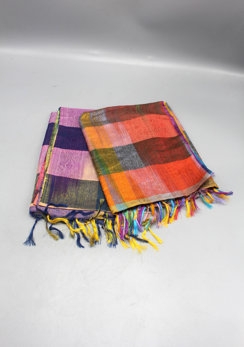 Silk Mixed Polyester Pink and Green Mixed Multi Color Shawls with Furka