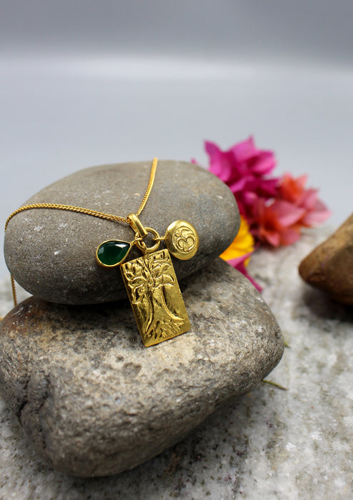 24 K Gold Plated Tree of Life Pendant with Om and Malachite Charms