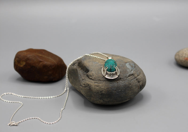 Turquoise Inlaid Fine Carving Sterling Silver Pendant - nepacrafts