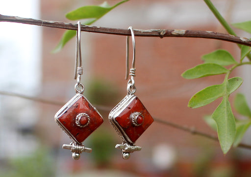 Traditional Tibetan Coral Inlaid Silver Earrings - nepacrafts