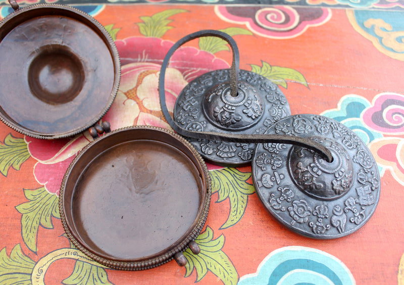 Tibetan 8 Auspicious Symbol Carved Meditation Tingsha/Cymbals with Copper Cover - nepacrafts