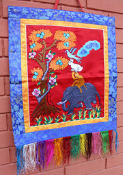 Four Harmonious Friends Embroidered Brocade Framed Wall Hanging - nepacrafts