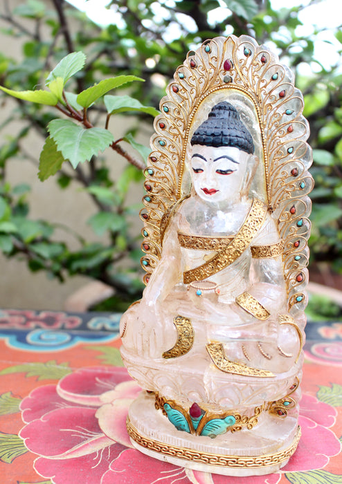 8" High Crystal Shakyamuni Buddha Statue with Goldplated Silver Robe - nepacrafts