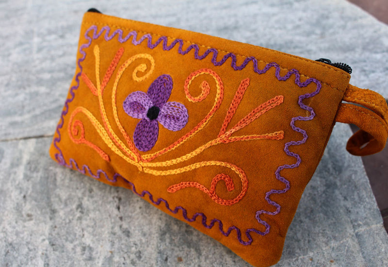 Soft Suede Flower Pattern Embroidered Handmade Coin Purse - nepacrafts