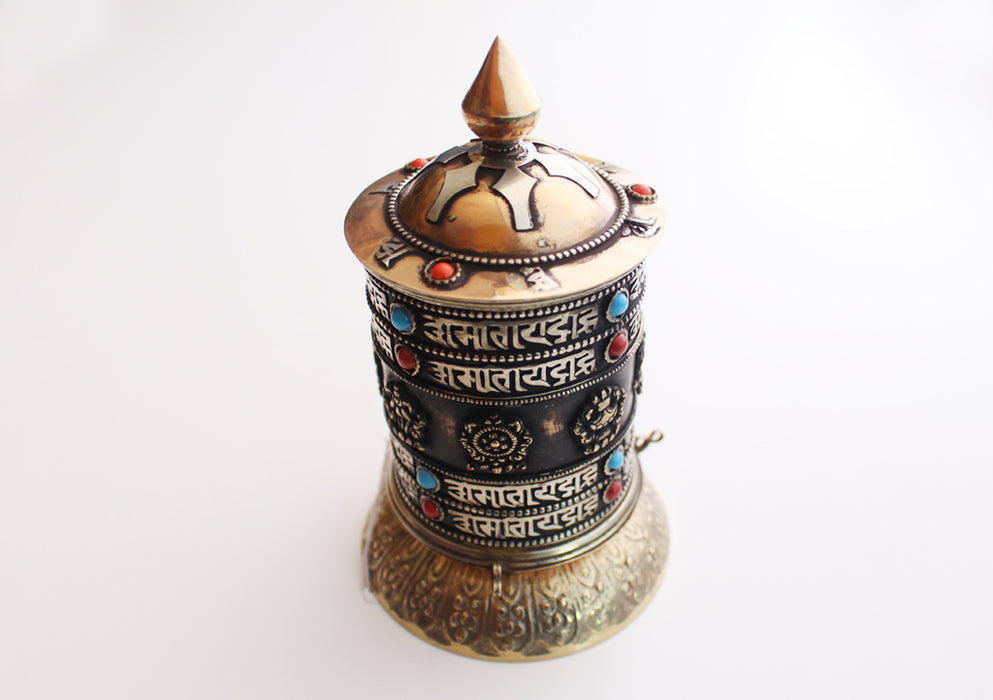 Tibetan Eight Auspicious Symbol Carved Spinning Desktop Prayer Wheel - nepacrafts