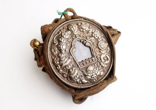 White Metal Auspicious Symbol Carved Chenrezig Ghau Pendant with Cotton Cover - nepacrafts