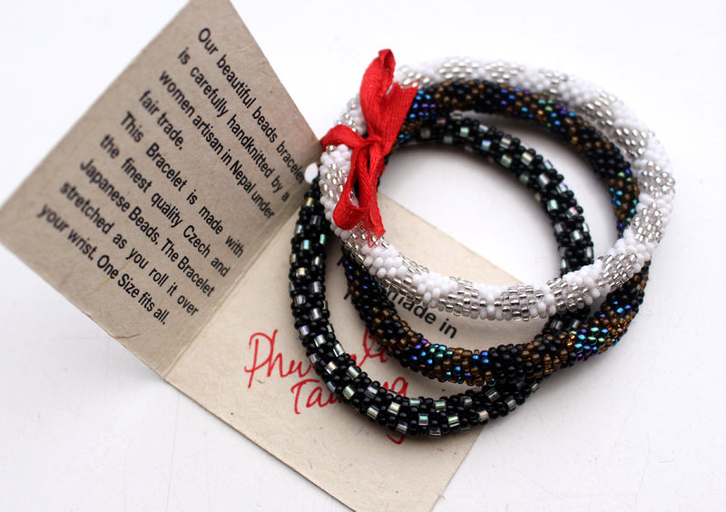 Black and White Multicolor Beads Nepalese Set of Three Roll on Bracelet - nepacrafts