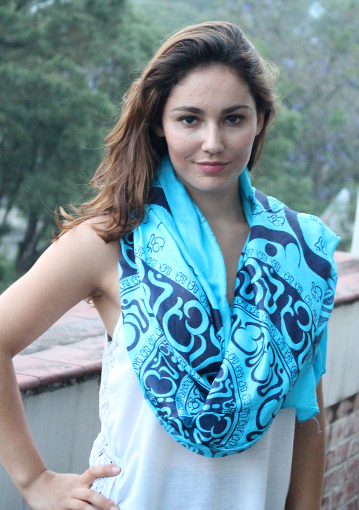 Hindu Om Printed Blue Cotton Shawl From Nepal - nepacrafts