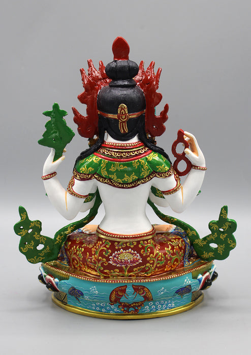 Hand Painted Four Armed White Chenrezig Partly Gold Plated Statue