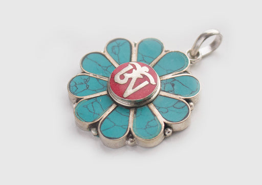 Om Embossed Inlaid Flower White Metal Pendant - nepacrafts