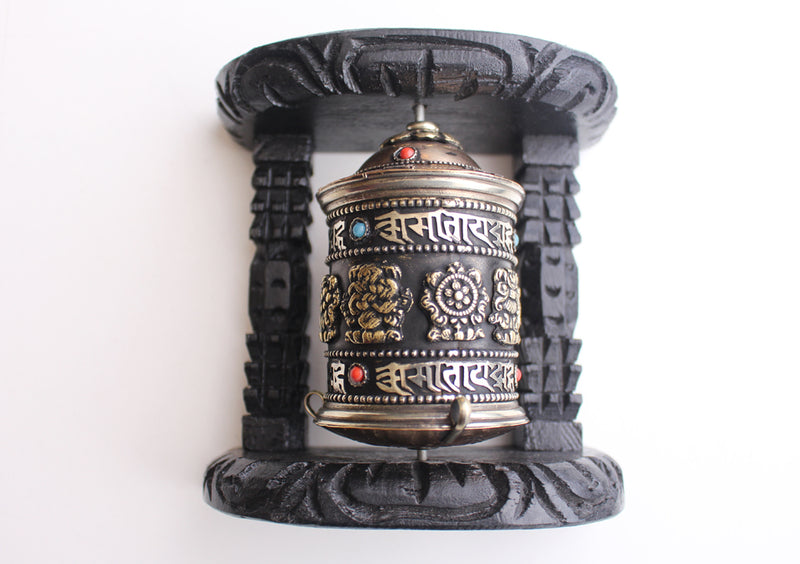 Wooden Framed Tibetan Copper Prayer Wheel Wall Hanging - nepacrafts