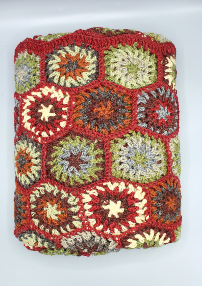 Beautifully Hand Crocheted Red and Gray Multi Color Woolen Blanket