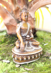 Hand carved Copper Shakyamuni Buddha Statue inlaid Silver Robes - nepacrafts