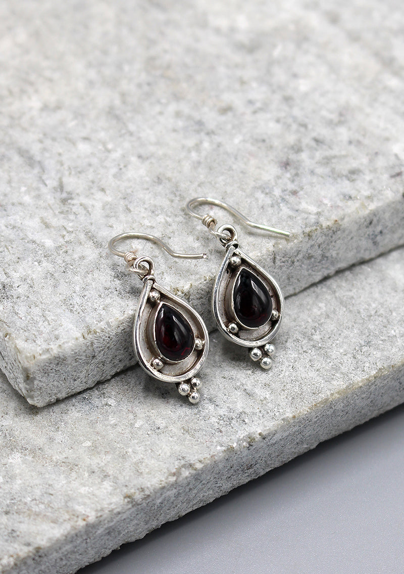 Tear Drop Garnet Inlaid Sterling Silver Earrings