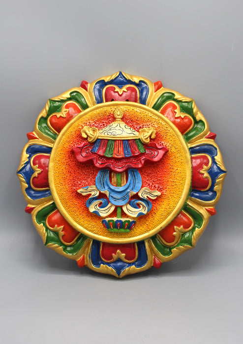 Handcarved and Handpainted Auspicious Symbol Parasol Clay Wall Hanging - nepacrafts
