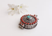 Round Tibetan Buddhist Silver Sterling Ghau Pendant with Resin Coral and Turquoise - nepacrafts