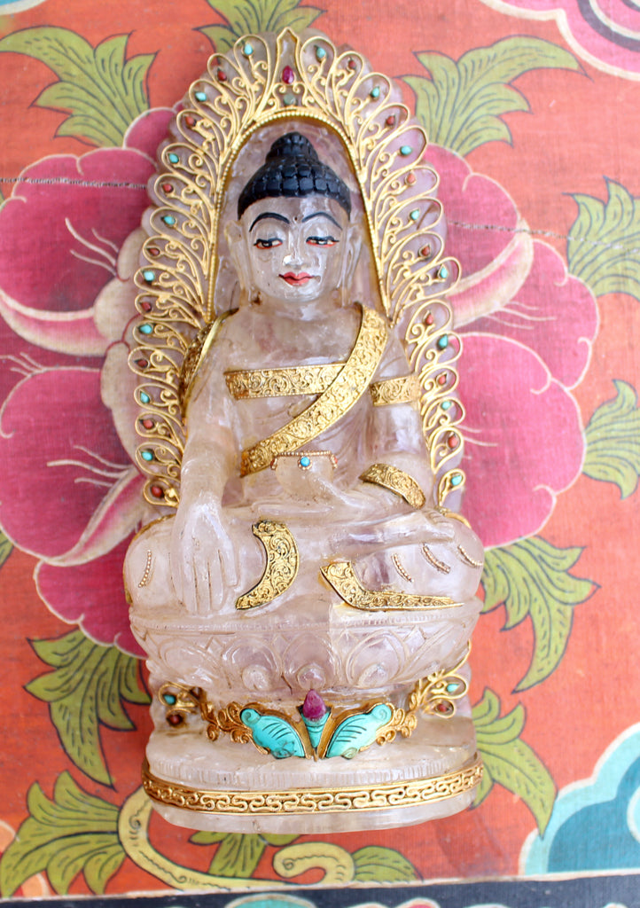 8" High Crystal Shakyamuni Buddha Statue with Goldplated Silver Robe - nepacrafts