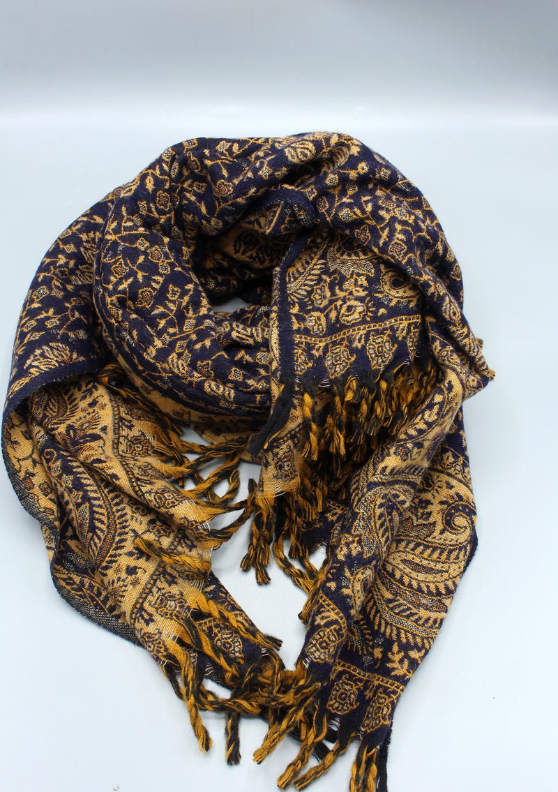 Handloomed Mini Floral Dark Blue Yak Wool Shawl