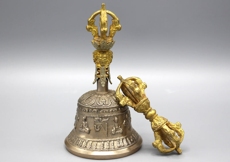 Pancha Buddha Carving Tibetan Bell and Dorjee Set - nepacrafts