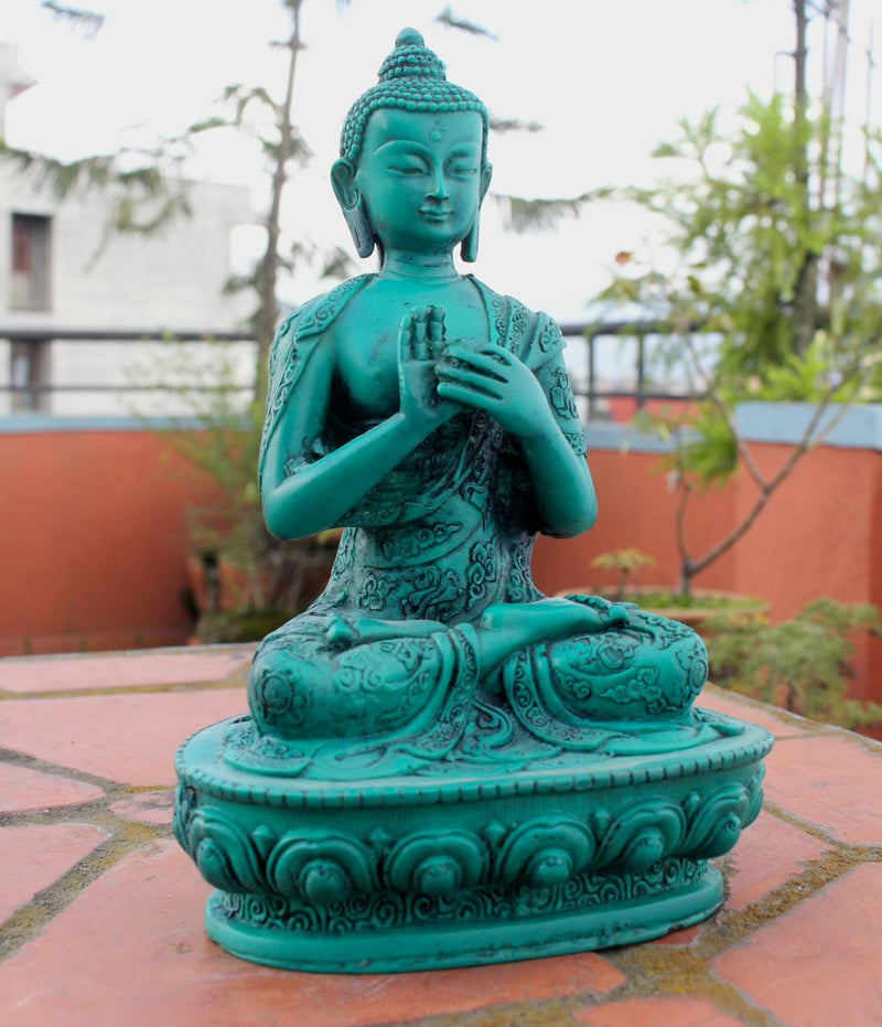 Turquoise Toned Floral Motifs Carved Vairochana Buddha Resin Statue 7 inch High - nepacrafts