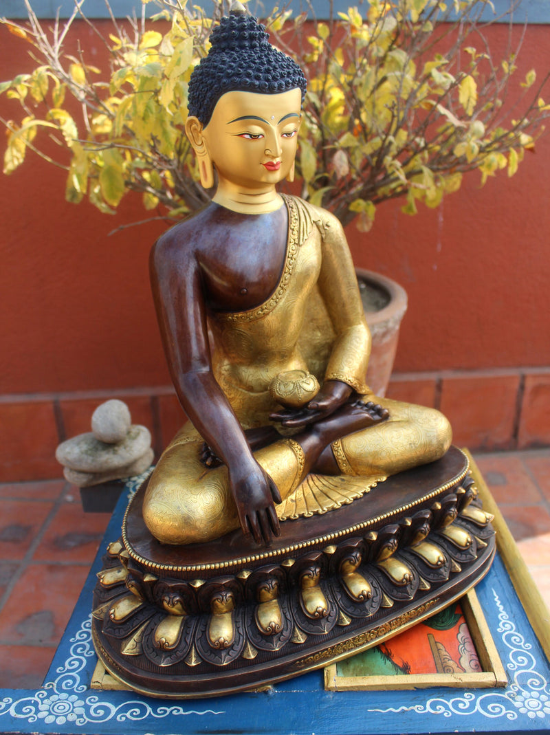 Partly Gold Plated Shakyamuni Buddha Statue in Monastic Robe With Floral Motifs