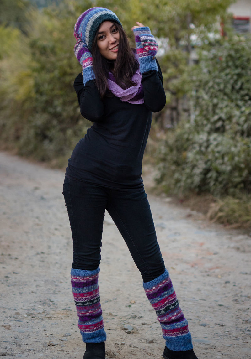 Winter Accessory: Combo of Hand Knitted Pure Woolen Cap, Convertible Mittens and Legwarmers