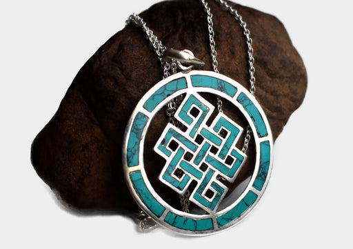 Turquoise Inlaid Endless Knot Sterling Silver Pendant - nepacrafts