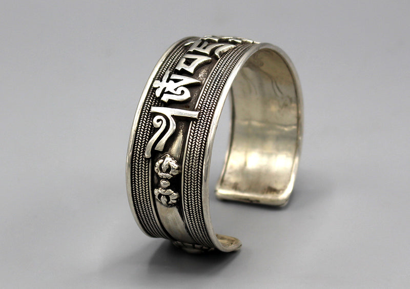 Vajrapani Mantra Carving Tibetan Sterling Silver Bracelet - nepacrafts