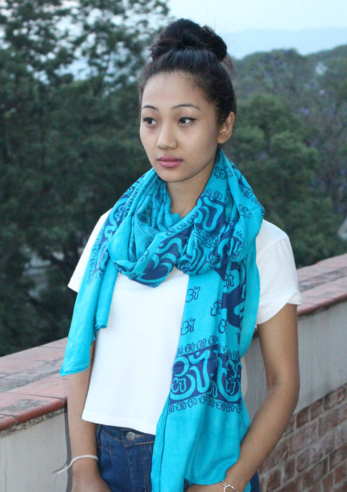 Hindu Om Printed Blue Cotton Shawl From Nepal - nepacrafts
