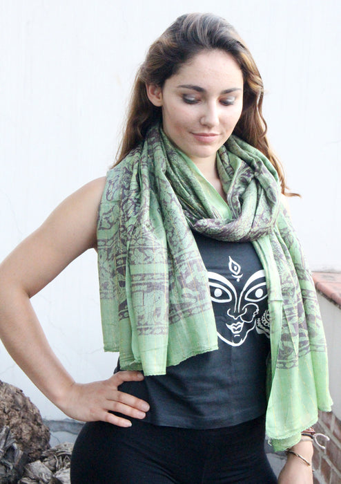 Green Cotton Summer Scarf with Floral Print From Nepal - nepacrafts
