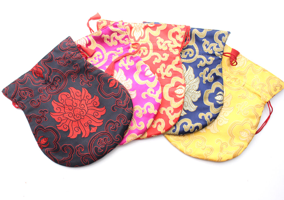 Large Hongkong Silk Drawstring Pouch with Lotus Floral Motifs, Coin Pouch - nepacrafts