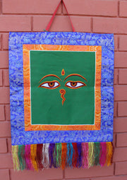 Buddha Eyes Embroidery Brocade Framed Wall Hanging - nepacrafts