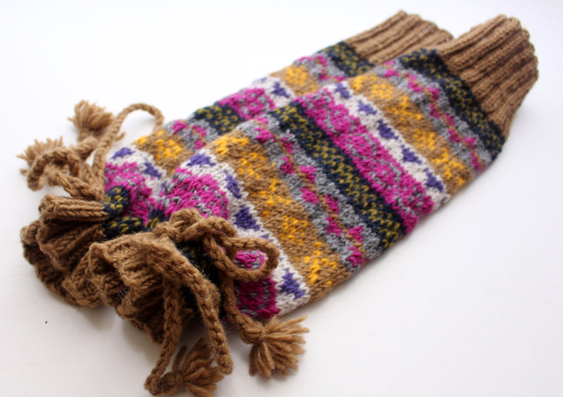 Handknitted Brown Pink Multicolor Winter Legwarmers with Lace - nepacrafts