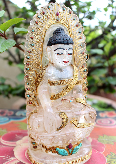 8" High Crystal Shakyamuni Buddha Statue with Goldplated Silver Robe - nepacrafts