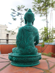 Turquoise Floral Motifs Carved Amitabha Buddha Resin Statue 7 inch High - nepacrafts