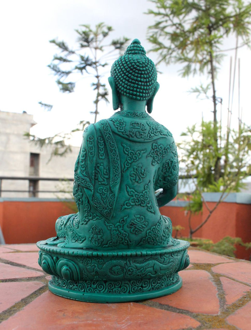 Turquoise Floral Motifs Carved Amitabha Buddha Resin Statue 7 inch High - nepacrafts