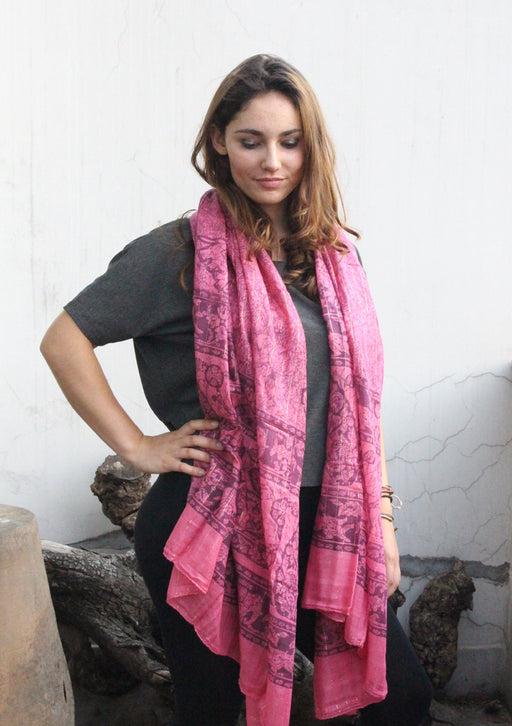 Light Pink Cotton Summer Scarf with Elephant and Deer Print From Nepal - nepacrafts