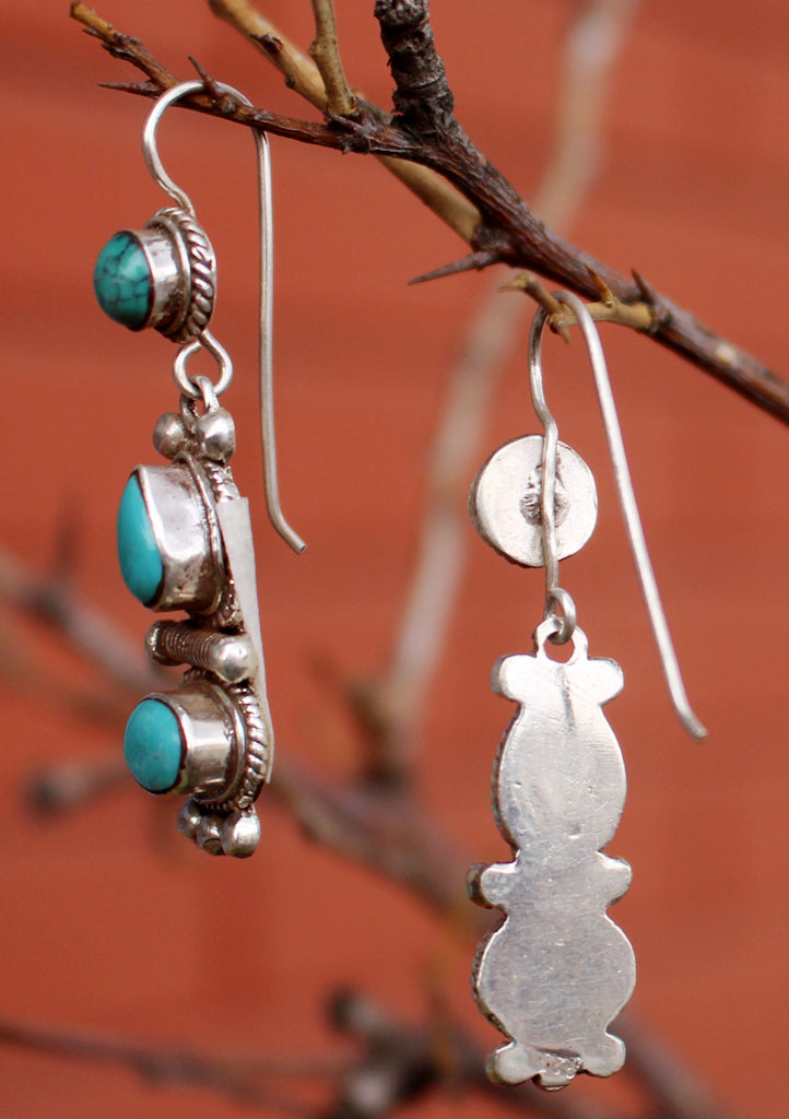 Turquoise Inlaid Traditional Flower Drop Silver Earrings - nepacrafts
