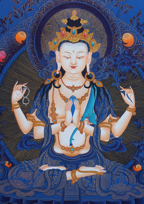 Blue Chenrezig Deity Hand Painted Thangka