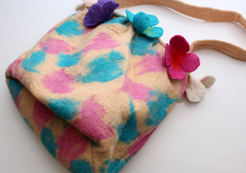 Pink, Blue and Purple Flower Adorned Felt Carry Bag - nepacrafts
