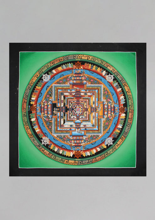 Fine Green Tibetan Kalachakra Mandala Painted Thangka - nepacrafts